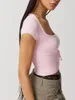Kvinnors T-skjortor Kvinnor S Y2K Ruched Crop Tops Sexig från axel Kort ärm Solid Color Square Neck Knit Drawstring Croped T-shirt
