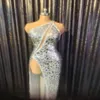 Stage Wear Silver Inclined Shoulder Sexy Backless High Slit Shining Mirror Sequins Dress For Women Celebrity Party Clothing Singer284Q