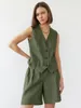 Women's Tracksuits Jyate Street Style Green Shorts Suits Cotton Linen Two Pieces Vest Top Casual 2 Pcs Sets 2023 Office Ladies Outfit