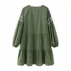 Vestidos Casuais 2023 BOHO Verde Exército Miçangas Bordado Flor Manga Puff Feminina Camisa Vestido Étnico Laço Borla Gola Solta Roupão de Férias