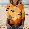 Damenblusen, Damen-Herbst-Shirt, lässig, modisch, Rundhalsausschnitt, Halloween, lustiger Druck, Dreiviertel-Ärmel, aktive, lockere Bluse mit Streifendruck