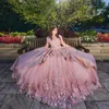 Pink Shiny Quinceanera Dresses Ball Gowns For Sweet 16 Girls Beads Appliques 3DFlower Graduation Gown Lace Up Vestidos De 15 Anos