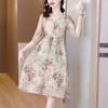 Casual Dresses 2023 High-end Printed Real Silk Dress Lace-up Waist Collection Seven-point Sleeve High-grade V-neck Mulberry Skirt