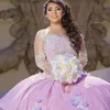 Vestidos de princesa rosa quinceanera com decote em bico e manga comprida vestido de baile apliques miçangas 3D flores vestidos de festa para meninas de 15 anos