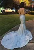 Sukienki imprezowe Blask Srebrna Syrenka Prom 2023 Długie koronkowe cekiny z koralikami seksowne wysokie szyi bez pleców suknie wieczorowe