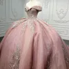 Розовое золото блестящие хрустальные аппликации Quinceanera платья с шариковым платьем с плеча.