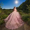 Pink Shiny Quinceanera Dresses Ball Gowns For Sweet 16 Girls Beads Appliques 3DFlower Graduation Gown Lace Up Vestidos De 15 Anos