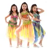 Stage Wear Girl Bollywood Dance Child Pancia Abbigliamento 3 pezzi / set Reggiseno con perline Gonna con cintura Costume per performance di danza del ventre per bambini