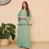 Ethnic Clothing Autumn Muslim Women Long Sleeve V-neck Green White Abaya Dress195O