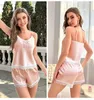 Women's Sleepwear Women Summer Lace Pajamas Suit Sexy Strap&shorts 2Pcs Sleep Set Loungewar Silky Rayon Home Wear Pijamas Lingerie