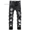 Aimirs Jeans with Stars Men Regular Fit Pencil Pants Embroidery Letter Zipper Fly Black Biker Denim Ripped QO3C