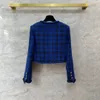 C1013 الفاخرة Royal Blue New Huchice Sticked Plaid منسوجة تويد مع سترة سرة قصيرة مصنوعة يدويًا كارديجان قصيرة