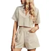 Women's Tracksuits Women S Casual Linen Lounge Pajama Set With V-Neck Crop Top And High Waist Shorts - Stylish 2 Piece Outfit Pockets