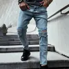 Jeans pour hommes déchirés cristal en détresse mode haute rue maigre Stretch Denim pantalon bleu clair couleur mâle