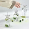 Tumblers Ins Style Glazen Waterfles Tijdschaal Koffiekopje Dubbele dop Lekvrije glazen met deksel en rietje Leren hoes 230729