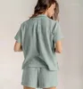 Kvinnors sömnkläder 2023 Cotton Home Suit For Women Lapel Nightwear Single Breasted Pyjamas Set With Shorts Pure Color Pocket