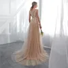 Party Dresses Luxury Champagne Prom A-Line Sexy Sheer O-Neck Sleeveless Illusion Lace Applique Sweep Train Long Evening Gown