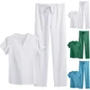 Leggings para mujer 2023, conjunto de uniforme de enfermería, Top y pantalones para mujer, cuello en V, Color sólido, manga corta, bolsillo, traje de cuidador, uniformes para trabajadores # G30