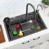 Kök 304 Rostfritt stål Topmount Sink stor knivhållare Counter med multifunktion Touch Waterfall Facet Cutting Board