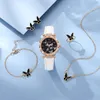 Horloges 6 stks Luxe Horloge Vrouwen Ring Ketting Oorbellen Armband Set Horloges Vlinder Lederen Band Dames Quartz Horloge Geen Doos 230729
