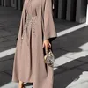 Etnische Kleding Handwerk Kralen 3 Stuk Moslim Set Bijpassende Outfit Gerimpelde Crêpe Open Abaya Kimono Lange Mouw Jurk Wikkelrok D310w