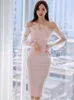 Casual Dresses Summer Elegant Women Evening Dress Chic Pink Sweet Sheer Sexy Off-Shoulder Slim Midi Pencil Party Prom Robe Femme Mujer