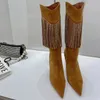 Amina Muaddi Boots Fashion 9cm Stiletto Heels 정품 가죽 여성 짧은 부츠 Crystal Tassel 장식 디자이너 Long Boot Frosted Cowhide 뾰족한 발가락 캡 35-42