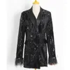 Women's Suits Sequins Black Blazer For Women Y2k Notched Collar Long Sleeve Patchwork Feathers Cuff Loose Coat Female Clothes 2023