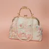 Evening Bag Lace Pink Lolita Pearl Beaded Frame lady Tote Vintage Solid Clear Bag Handbag with White Cotton Fabric 230729