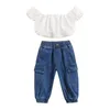 Ensembles de vêtements 2 pièces bébé couleur unie tenues enfant en bas âge hors épaule creux à manches courtes hauts courts jean avec poches