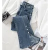 Jeans Feminino Oversize Pearl Split Design Flare Moda Feminina Coreana Skinny Calças Denim De Cintura Alta Calças Finas