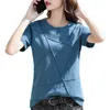 Femme Blouses Col O Manches Courtes Femme T-shirt Élastique Absorbant la Sueur Evacuant l'Humidité Décontracté Hauts Couleur Unie Ample Pull Haut Pour