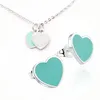 Vintage enamel PINK Green Double Heart Charms Necklace and Earring Jewelry set Pendant Women Men chain Stainless Jewellry sets297F