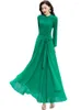 Sıradan Elbiseler 2023 Yüksek Kaliteli Özel Yapımı Kadınlar Zarif Polo Yakası Uzun Kollu Yeşil Şifon Maxi Elbise