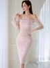 Casual Dresses Summer Elegant Women Evening Dress Chic Pink Sweet Sheer Sexy Off-Shoulder Slim Midi Pencil Party Prom Robe Femme Mujer