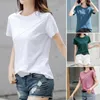 Blusas femininas com decote em O manga curta camiseta feminina elástica absorvente de suor absorvente de umidade tops casuais cor sólida pulôver solto top para