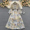 Casual Dresses Autumn Women Purple/Blue/Orange Floral Printed Long Dress Vintage Stand Collar Lantern Sleeve High midje Big Swing Robe