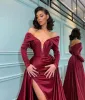 Burgundy Overskirts Mermaid Evening Dresses Arabic Aso Ebi Pleats Satin Long Sleeves Sexy High Side Slit Prom Gowns Off The Shoulder Women Vestidos De Festa