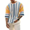 Men's Sweaters Casual Sweater Stylish Striped Print Knitted Loose Fit Half Sleeve Elastic Anti-shrink Fabric For Summer Fall