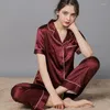 Kvinnors sömnkläder 2st Par Pyjamas Set Satin Pyjamas 3XL Summer Sexig Turn-Down Collar Nightwear Lingerie Home Clothes