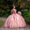 Roze Glanzende Quinceanera Jurken Baljurk Met Cape Applique Crystal 3DFlower Sweet 16 Jurken Verjaardagsfeestje vestidos de 15