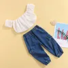 Ensembles de vêtements 2 pièces bébé couleur unie tenues enfant en bas âge hors épaule creux à manches courtes hauts courts jean avec poches