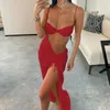 Casual Jurken OMSJ Sexy Hollow Out Chic Elegante Mouwloze Split Maxi Effen Jurk Voor Vrouwen Zomer Geplooide Sling Vakantie Strand Overgooiers