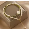 Choker ALLME Dainty Green Color Natural Stone Olivine White Shell Rose Flower Pendant Necklaces For Women Freshwater Pearl