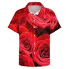 Casual overhemden voor heren Rode rozenprint Losvallend overhemd Man Vakantie Elegante bloemen Zomer Aangepaste korte mouw Streetwear Oversized blouses