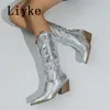 Boots Liyke Big Size 42 43 Western Style Cowboy Boots For Women Fashion Embroider Leather Autumn Winter Low Heels Long Shoes Booties 230729