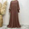 Roupa étnica muçulmana minimalista cor sólida plissada punhos elásticos com zíper frontal forro completo elegante chiffon vestido abayas para mulheres