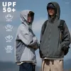 Moletons masculinos UPF50 malha patchwork proteção solar para verão fino ao ar livre UV respirável com capuz