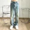 Jeans masculino American High Street bordado salpicado com lavagem de tinta antigo Ins marca da moda calça hip-hop solta tubo reto