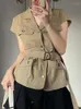 Damesjassen Korobov Japan Style Khaki Work Gear Coat Short Sleeve Single-breasted Belt Pocket Vest Suit Collar Jacket Fashion Veste